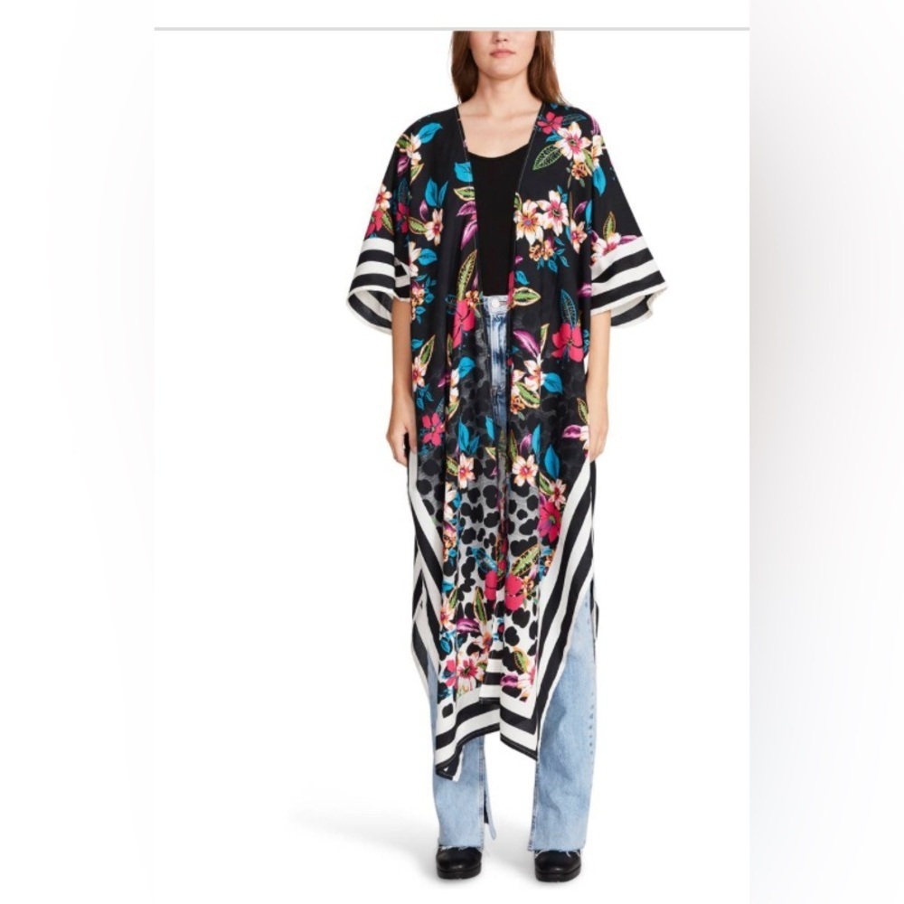 Steve Madden black pink multi Border Stripe Cheetah Floral Kimono topper shawl